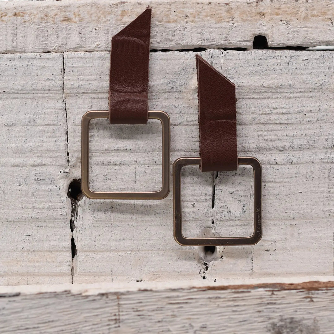 Leather &amp; Metal Square Earrings