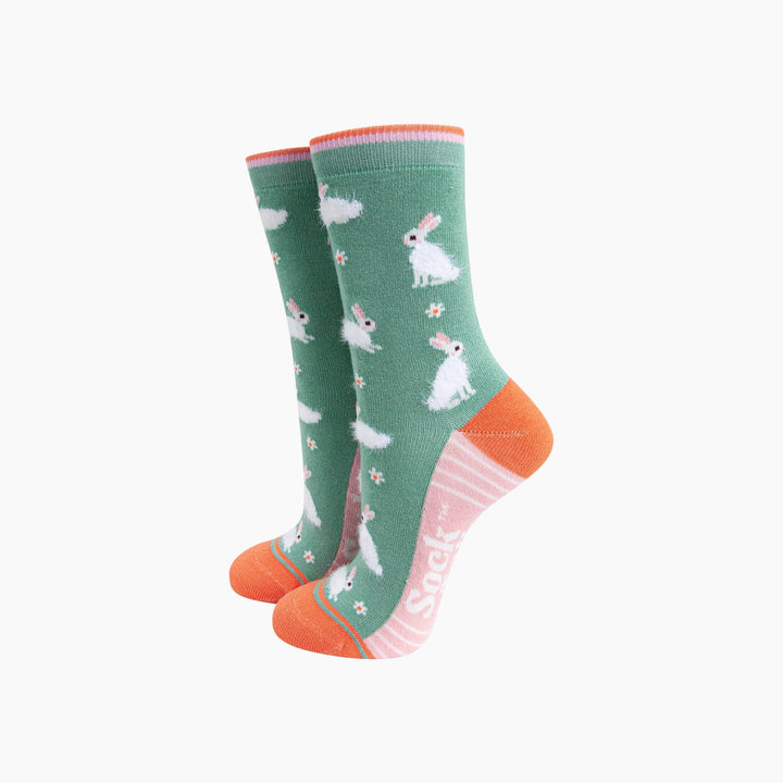 Bunny Rabbit Mint Green Floral Fluffy Bamboo Socks