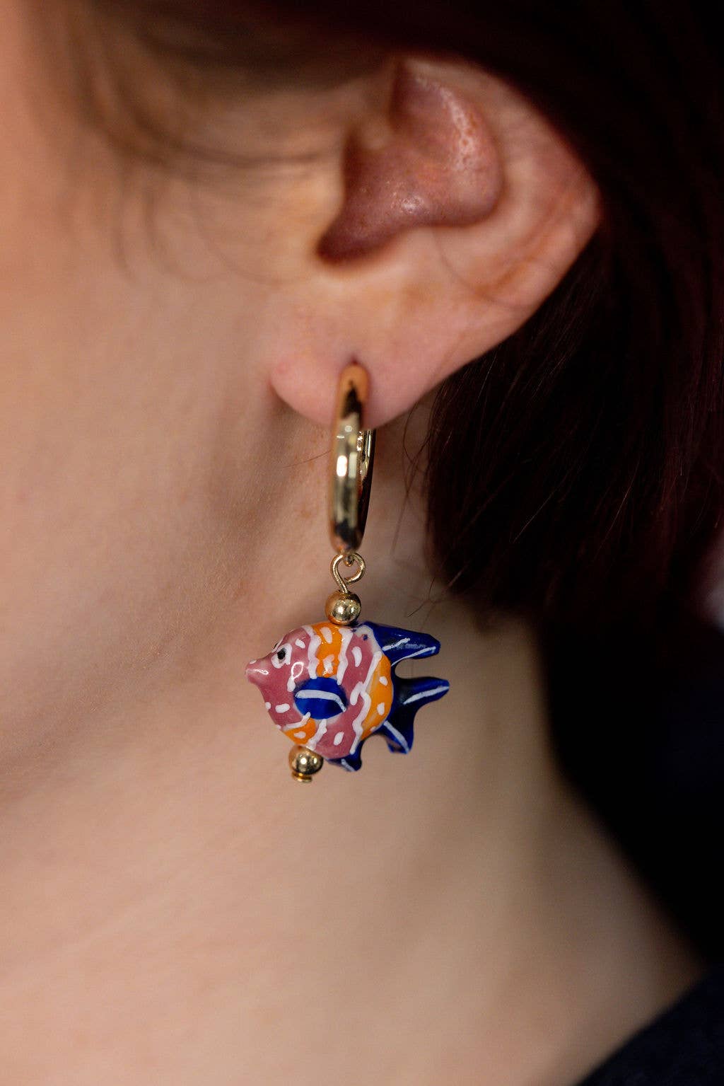 Ceramic Angelfish Pendant Earring in Navy, Orange &amp; Pink