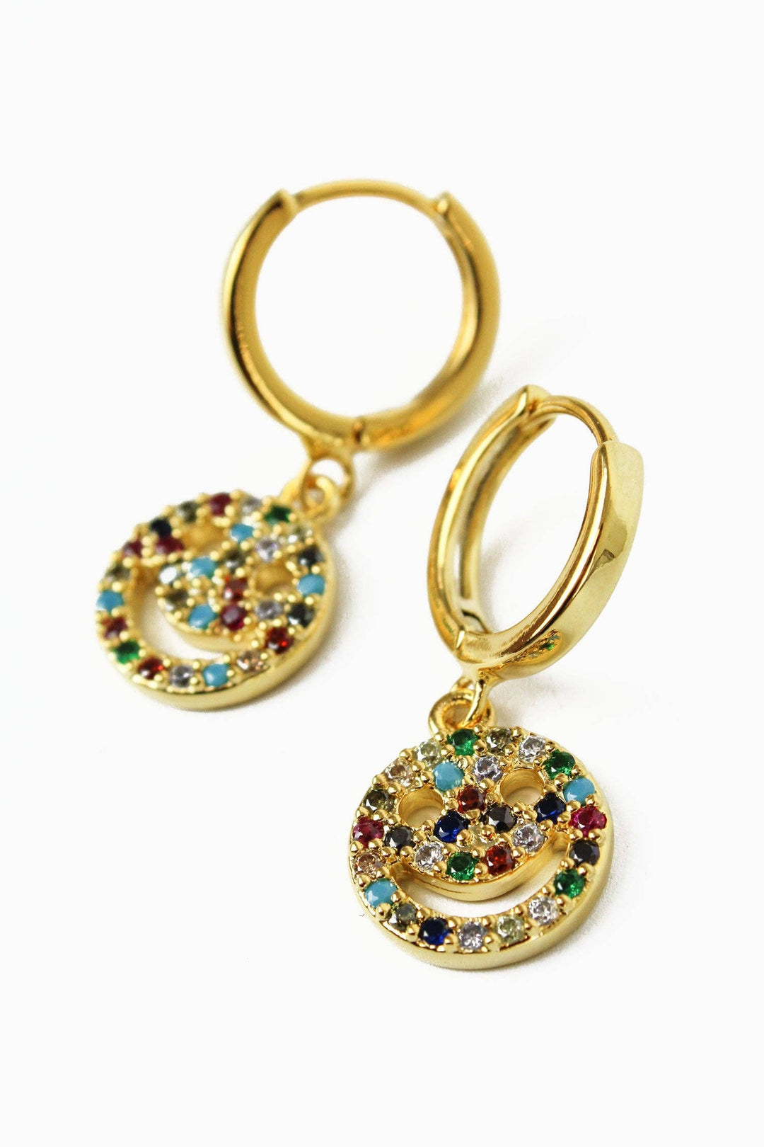 RAINBOW GEMSTONE HAPPY FACE HOOP EARRINGS