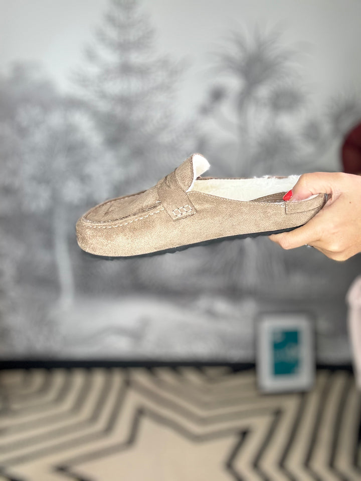 Faux Suede Fur Lined Mule Loafers in Camel Beige