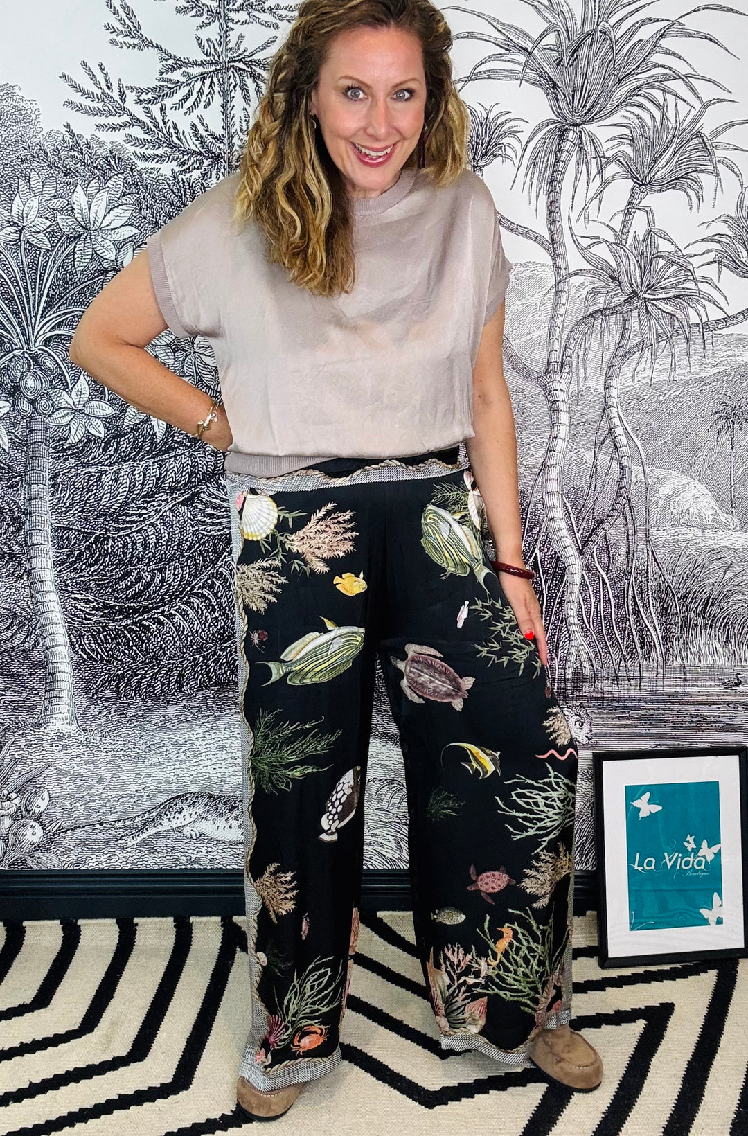 Satin Fish Printed Palazzo Trousers