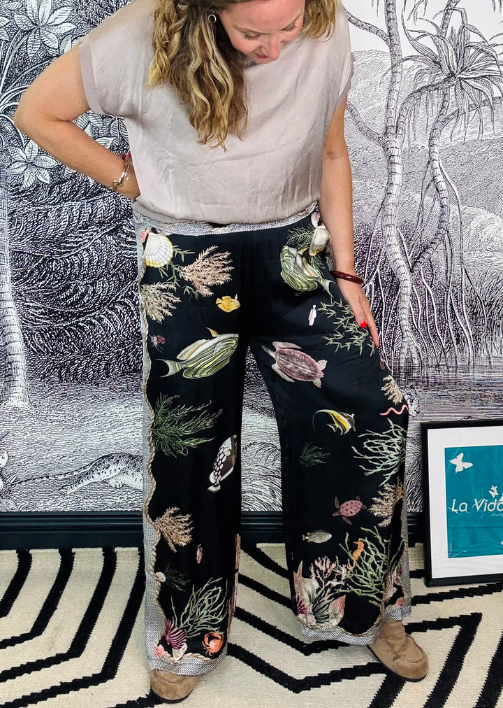 Satin Fish Printed Palazzo Trousers