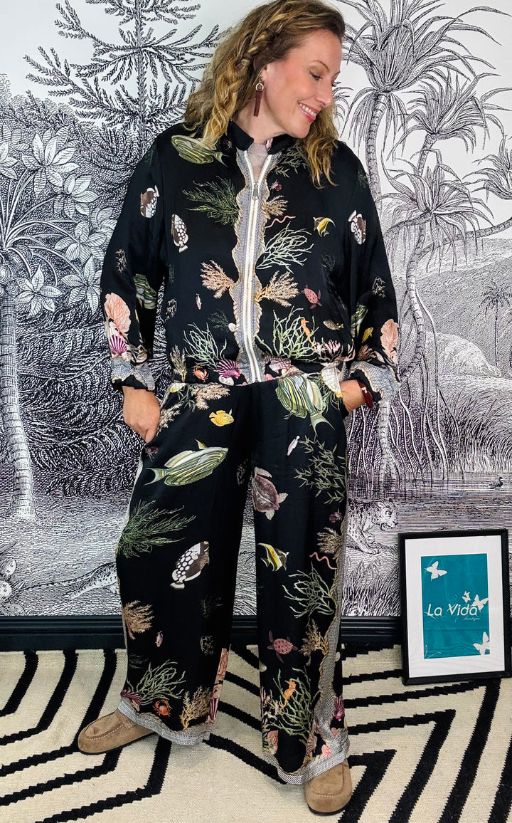 Satin Fish Print Bomber Jacket