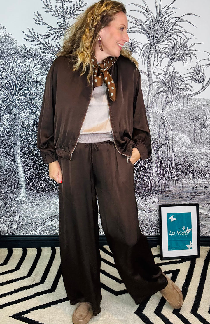 Tuscany Chocolate Satin Bomber Jacket