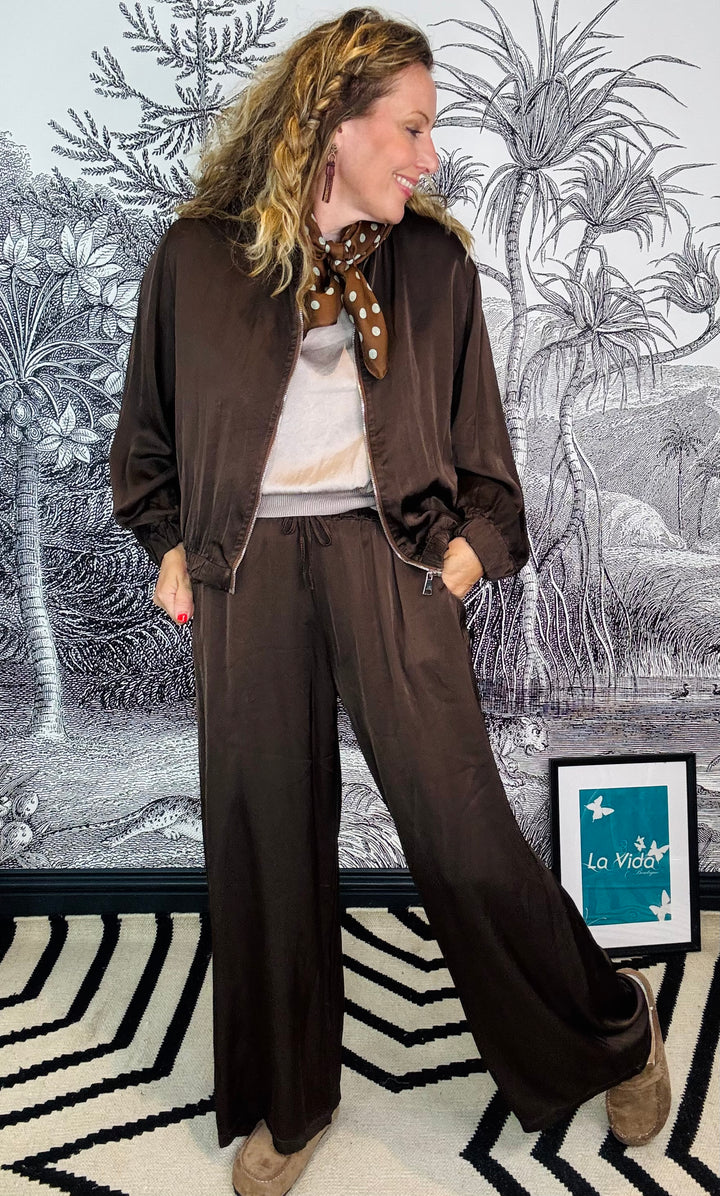 Tuscany Satin Palazzo Pants in chocolate brown