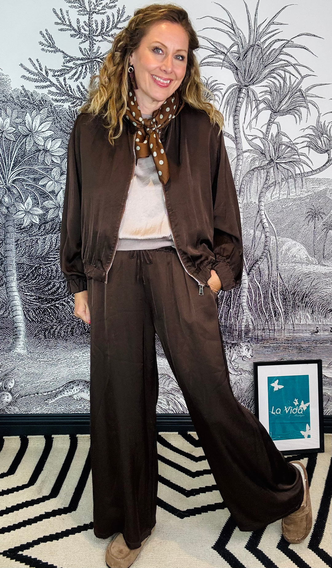 Tuscany Chocolate Satin Bomber Jacket