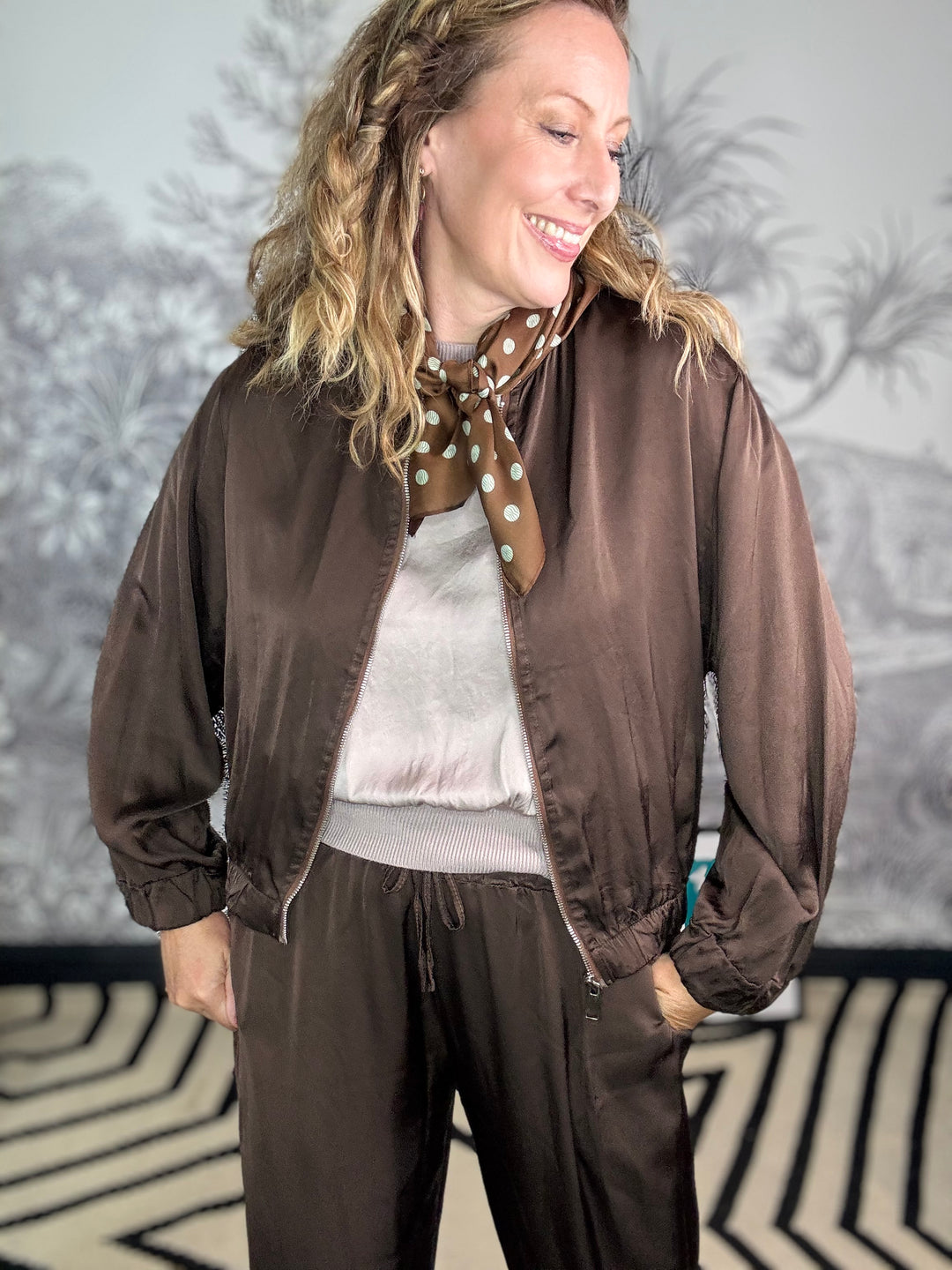 Glace Mini Scarf in Mocha &amp; Sage Polka Dot