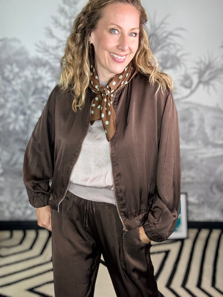Tuscany Chocolate Satin Bomber Jacket