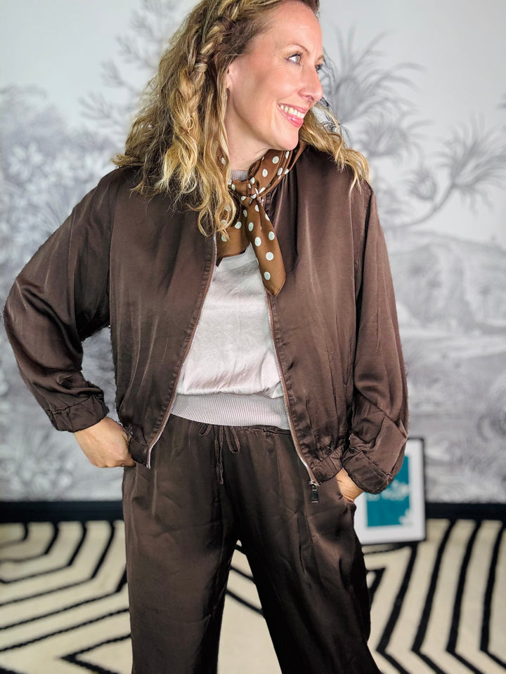 Tuscany Chocolate Satin Bomber Jacket