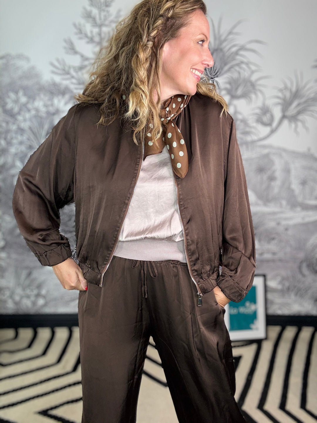 Tuscany Chocolate Satin Bomber Jacket