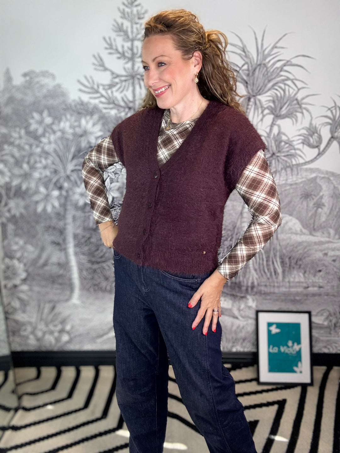 Amma mesh blouse in Brown Check