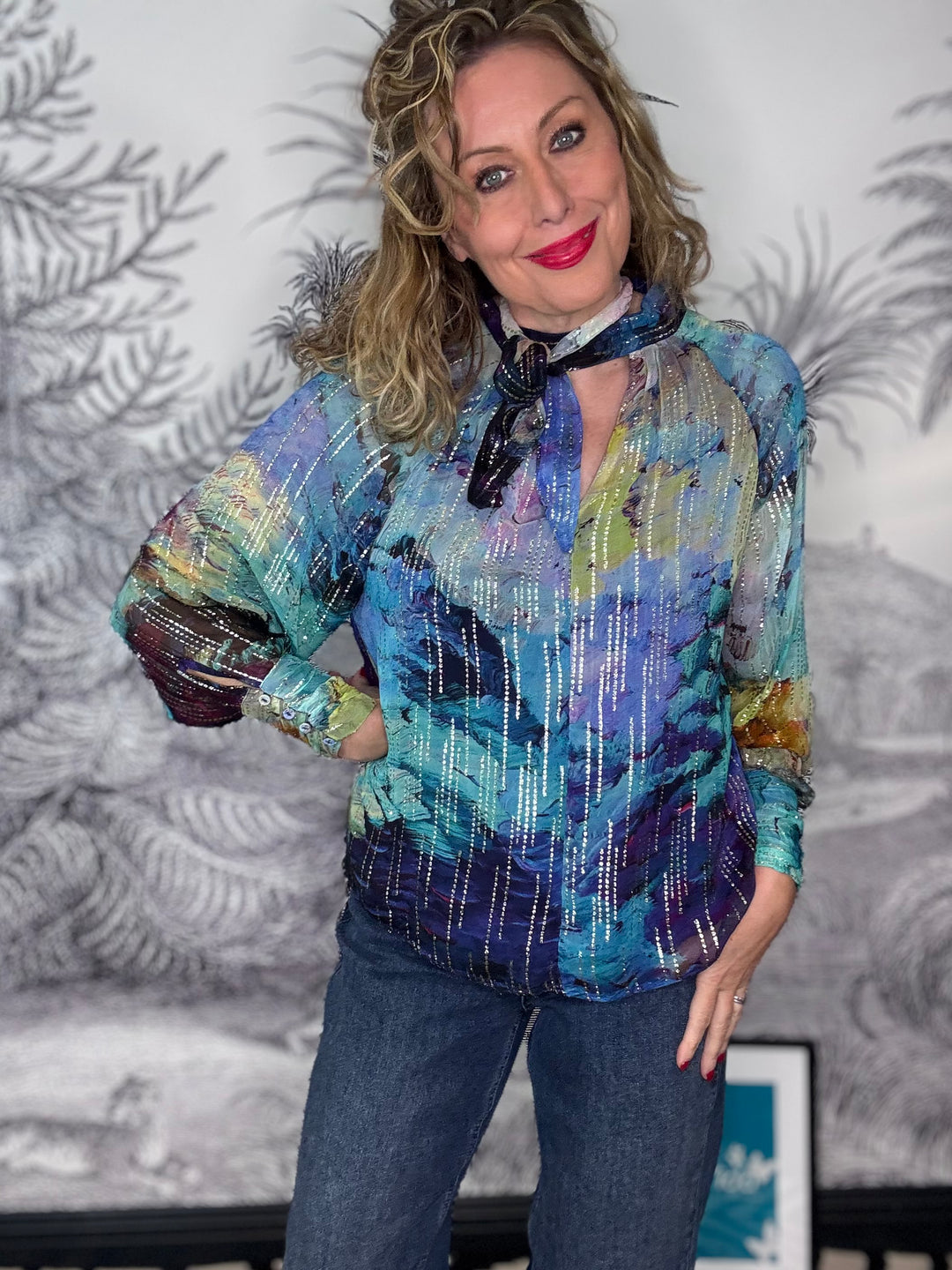 Linda Tie Neck Blouse with Metallic Stripe