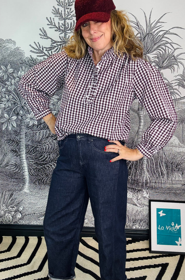 Braemar Cotton Blouse Plum Gingham Pattern