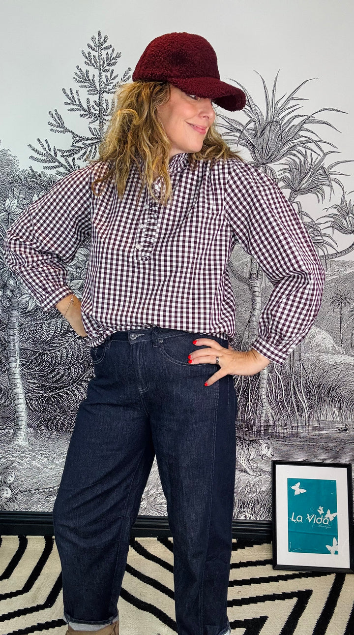 Braemar Cotton Blouse Plum Gingham Pattern