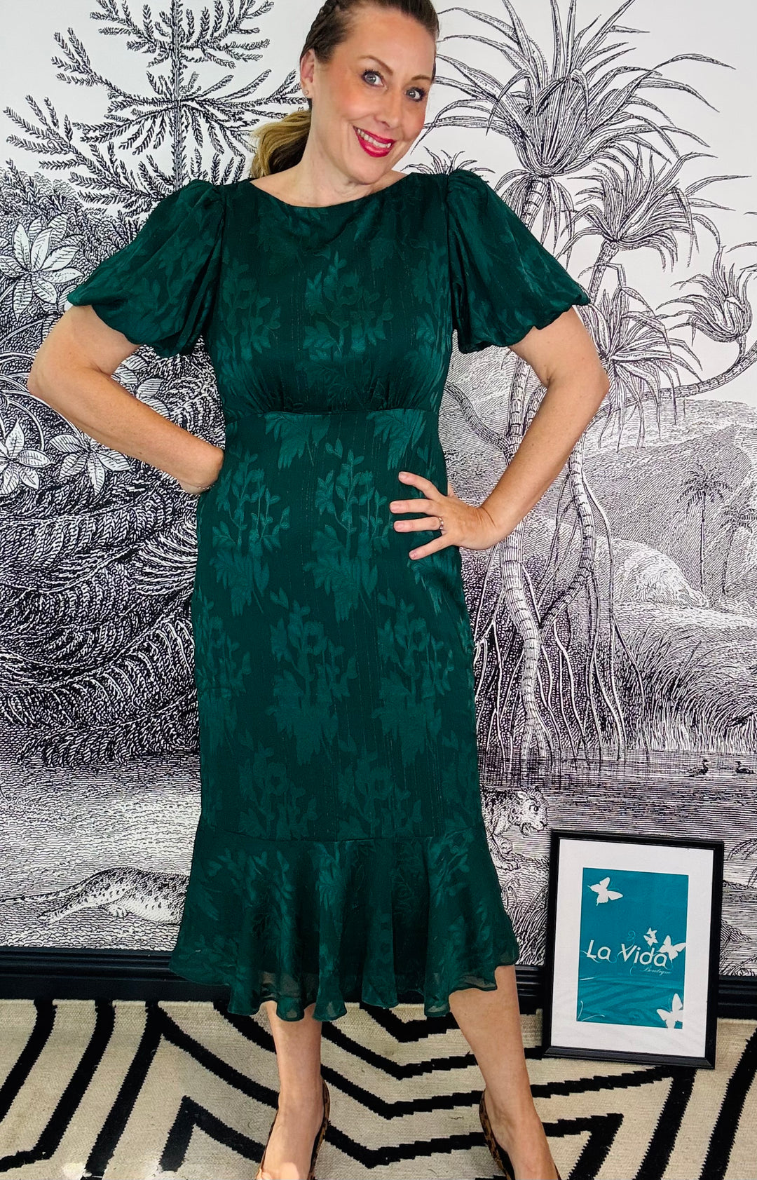 Forest Green Jacquard Puff Sleeve Midi Dress