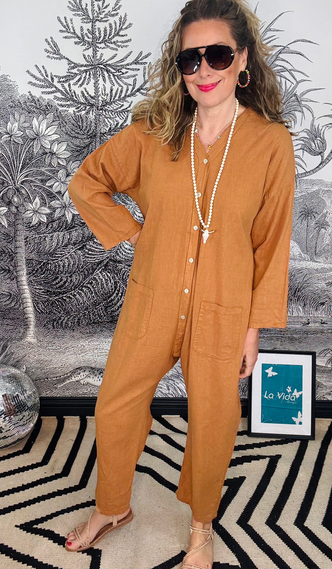 Lisbon Linen Button Down Boiler Suit in Tan Colour