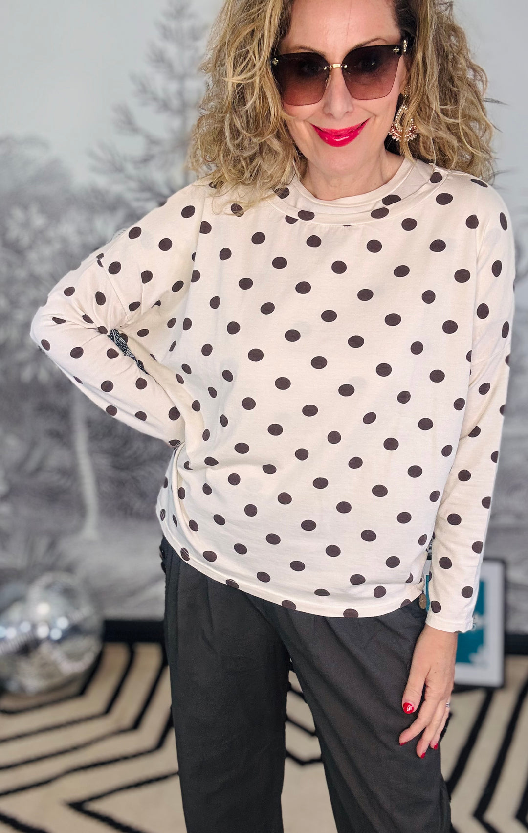 Zelda Long Sleeve Oversized Brown Polka Dot Top