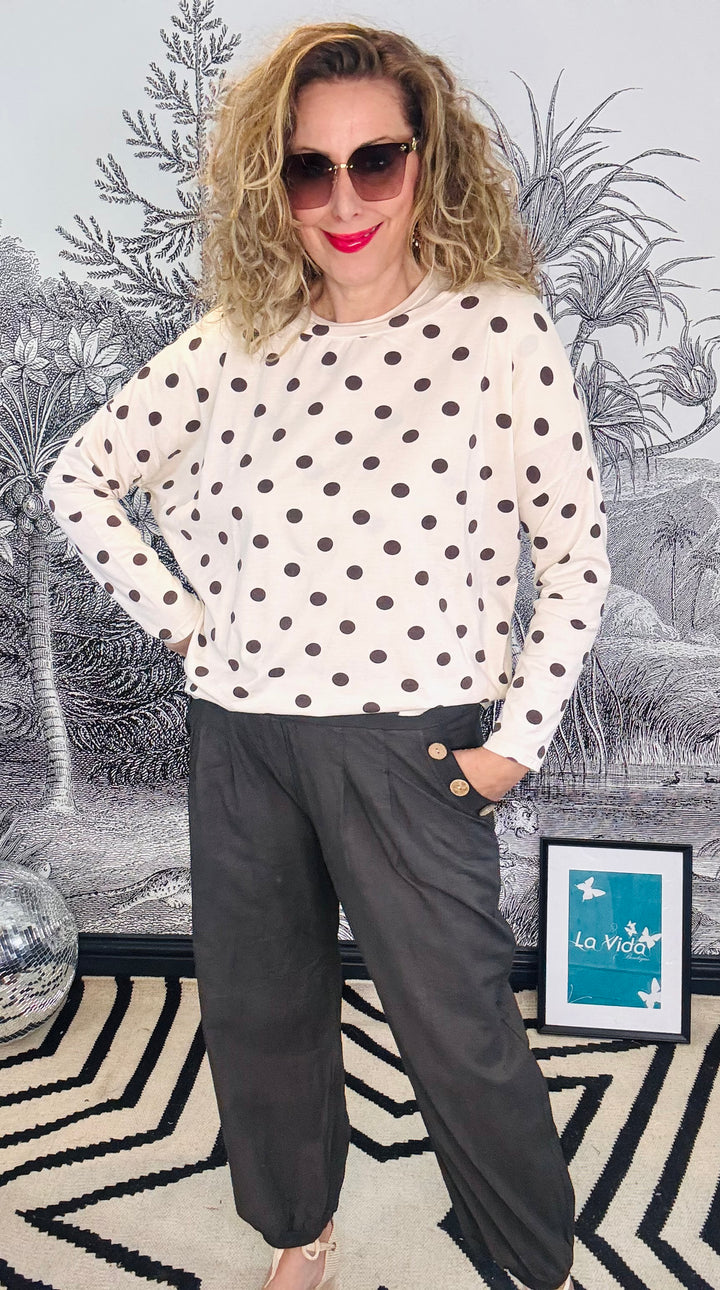 Zelda Long Sleeve Oversized Brown Polka Dot Top