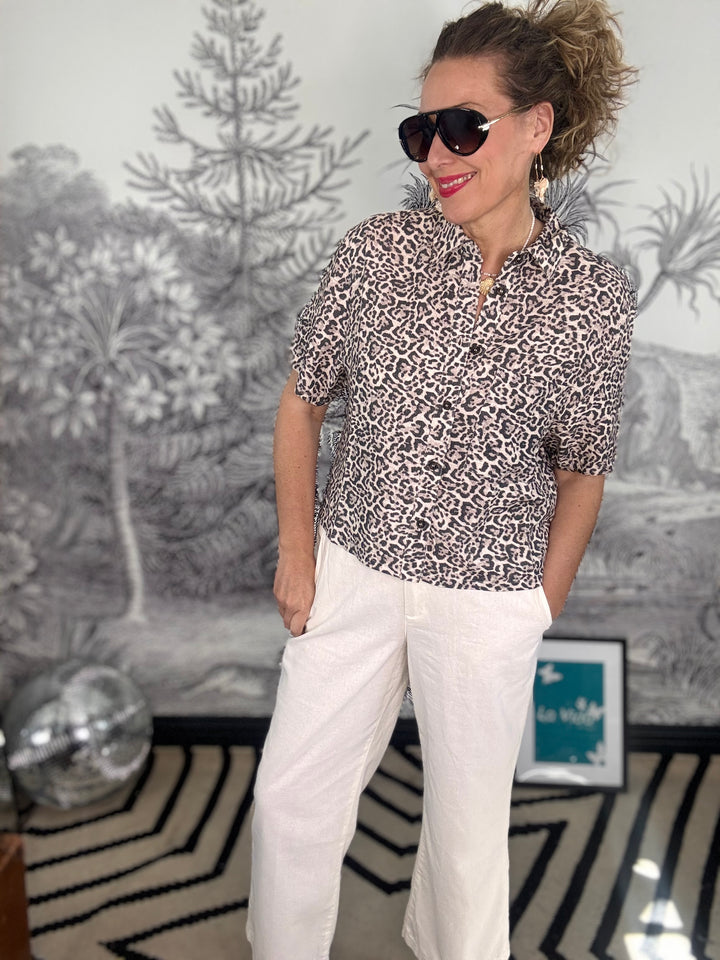 Nora Blouse In Leopard Print Linen
