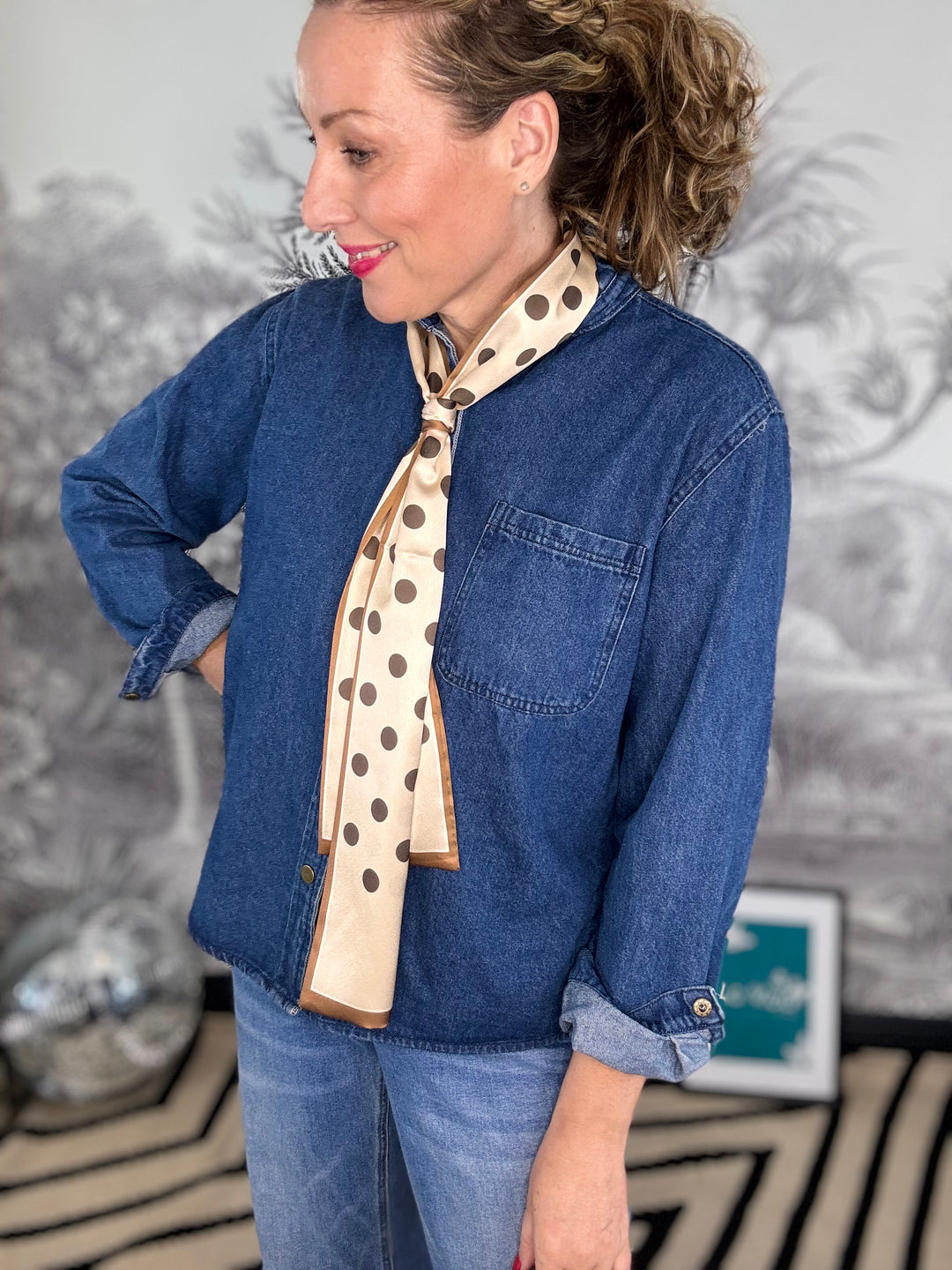 Danni Polka Dot Cream Long Silky Scarf with Chocolate Spots