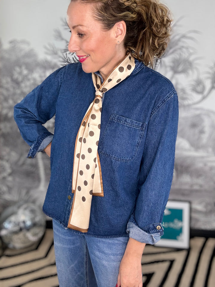 Danni Polka Dot Cream Long Silky Scarf with Chocolate Spots