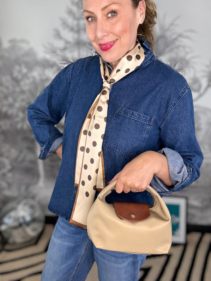Danni Polka Dot Cream Long Silky Scarf with Chocolate Spots