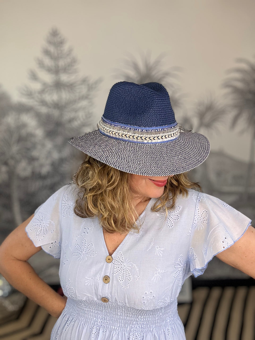 Navy Blue Jewelled Band Panama Foldable Hat (57cm)