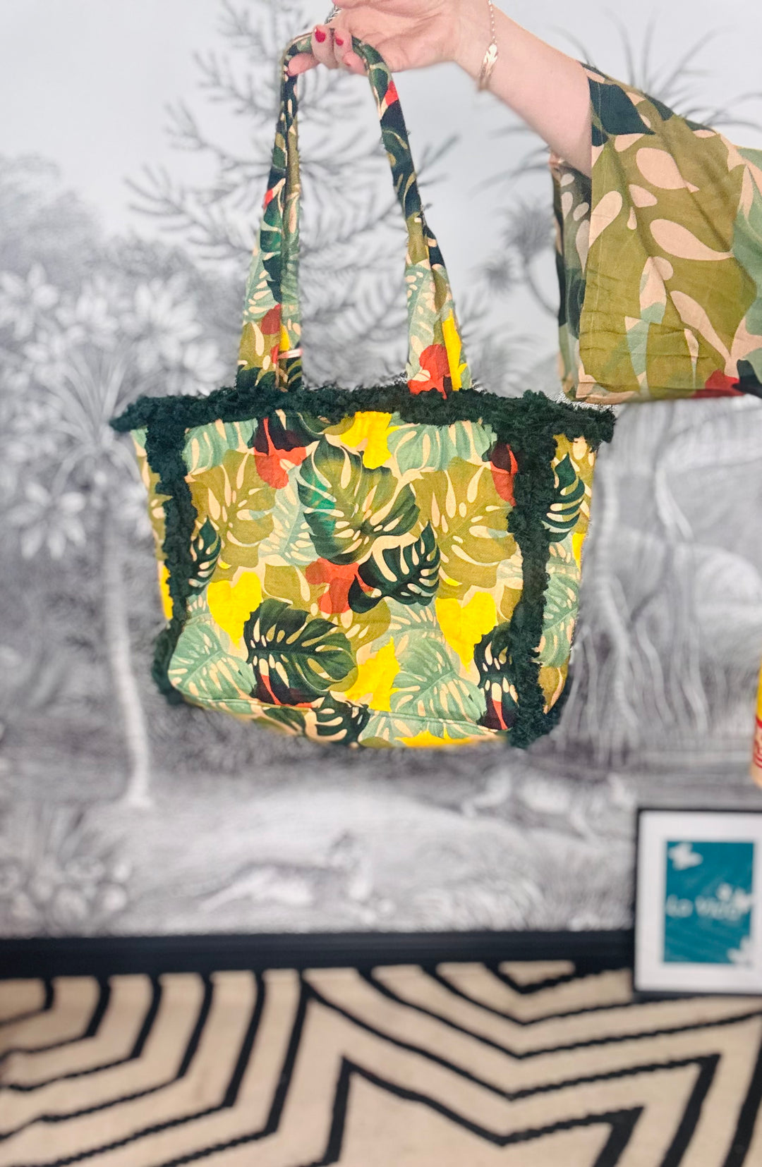 Fringed Box Tote Bag in Exotic Green Leaves