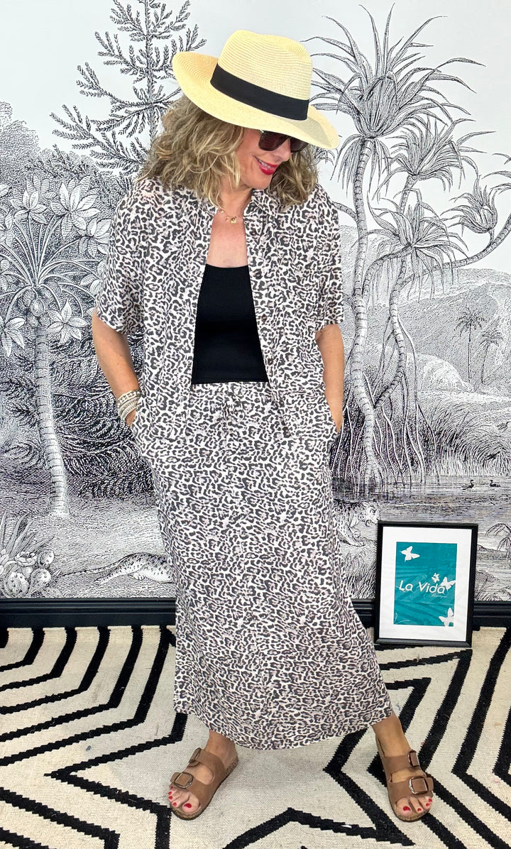 Indie Skirt Linen Leopard pebble