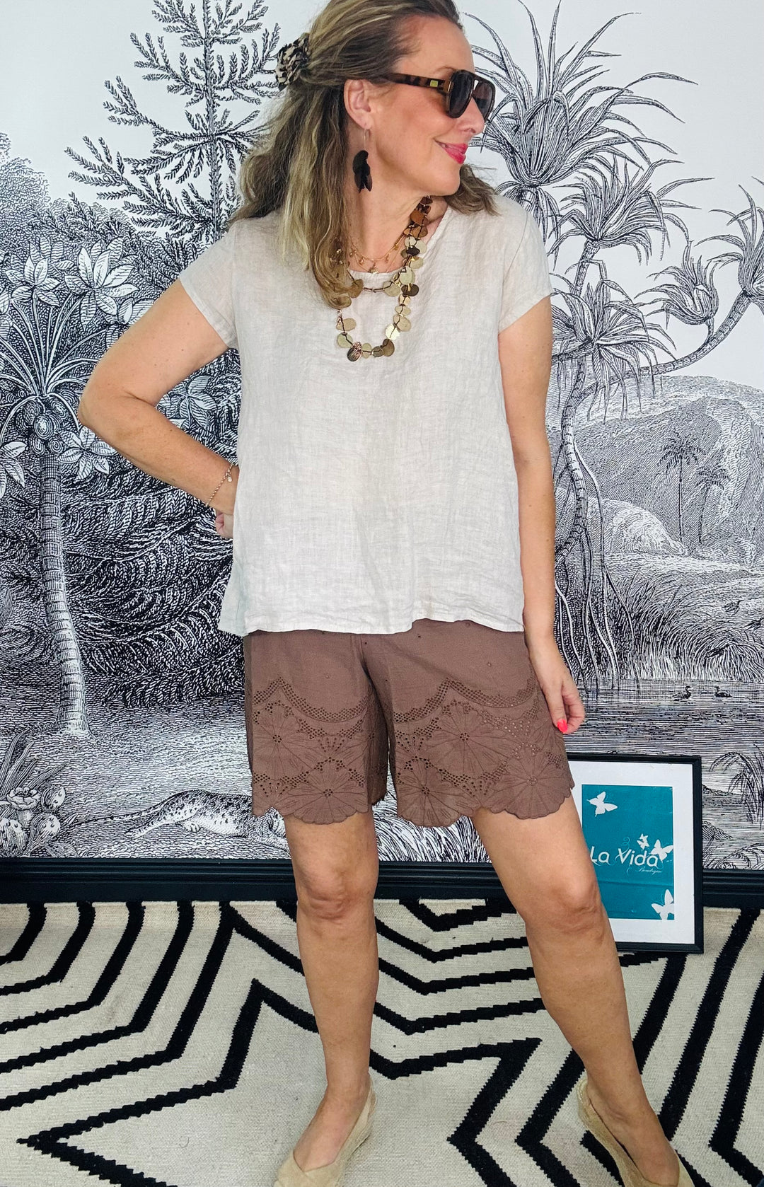 Tuscany Pleat Front Linen Button Back Sleeveless Tunic