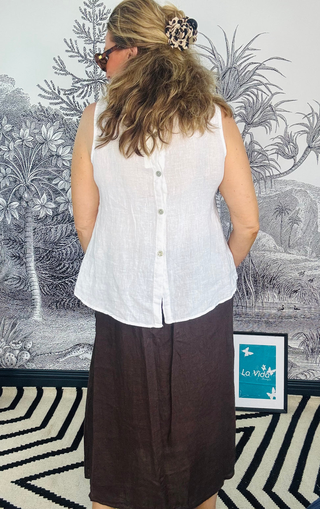 Tuscany Linen Button Back Sleeveless Top
