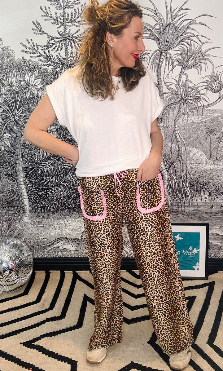 Pascha animal print relaxed trouser with pink gingham pocket