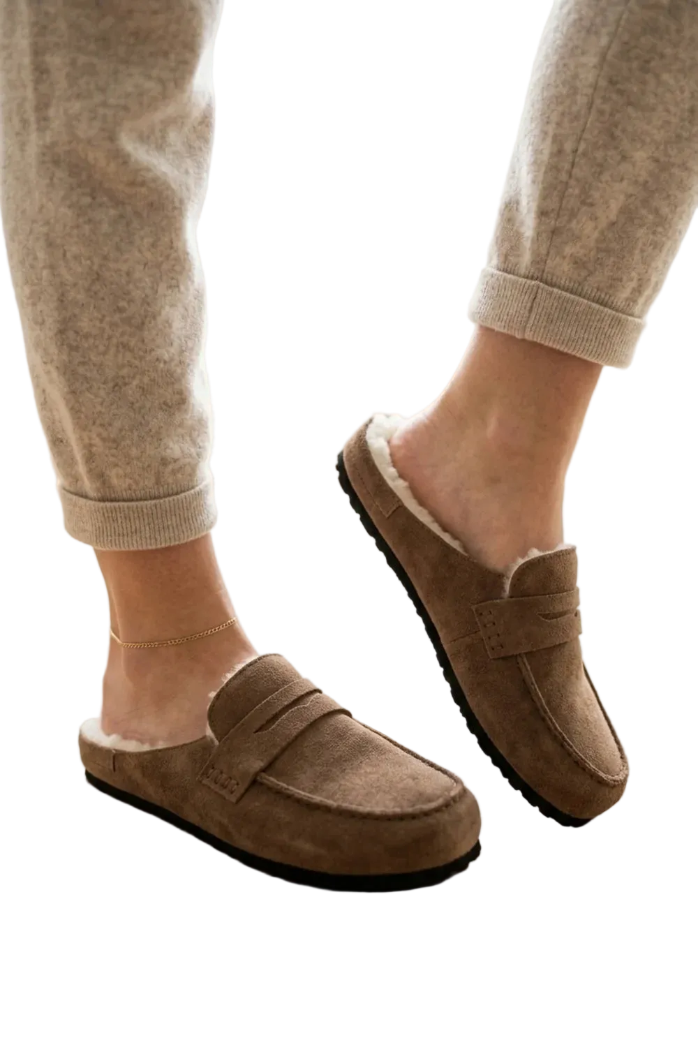 Faux Suede Fur Lined Mule Loafers in Camel Beige