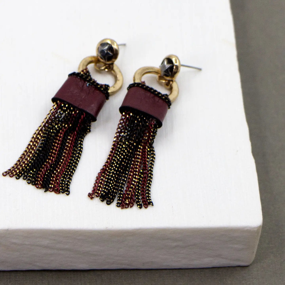 Burgundy Leather &amp; Chain Dangle Earrings