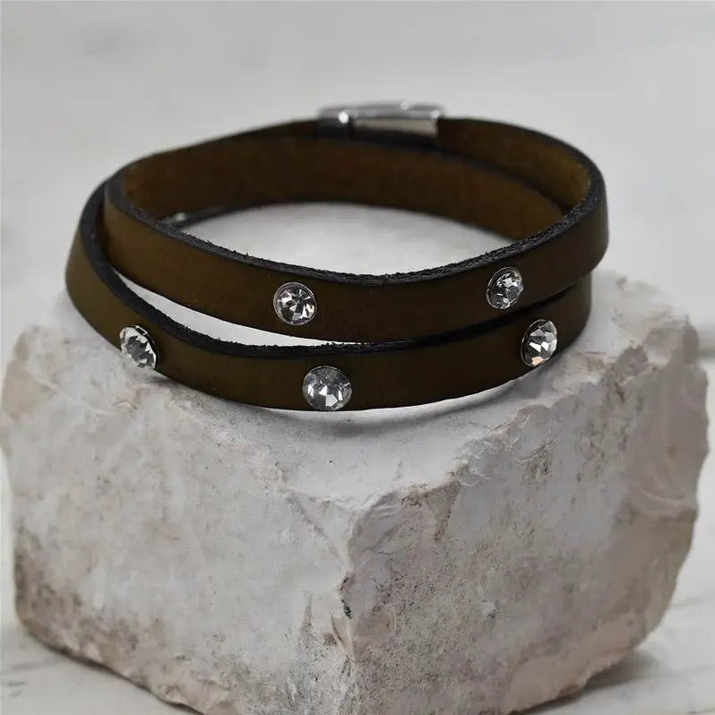 Wraparound Leather &amp; Crystal Stud Bracelet