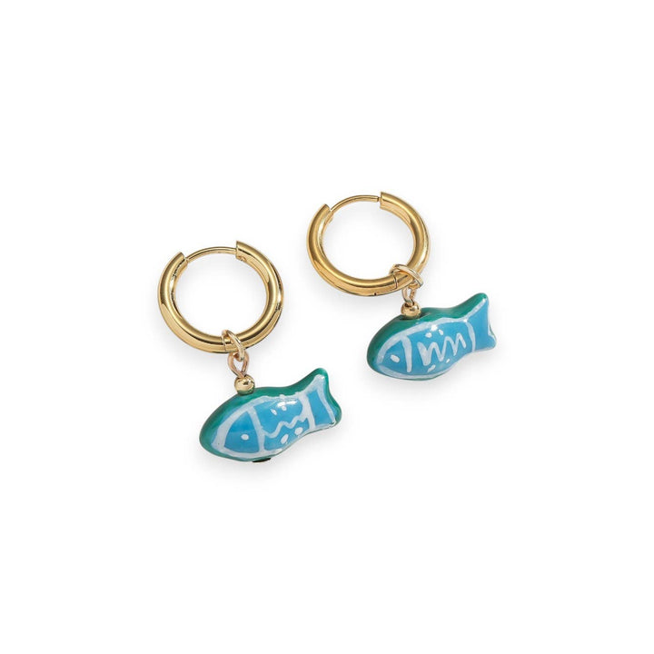 Ceramic Goldfish Pendant Huggie in Blue, Green &amp; Gold